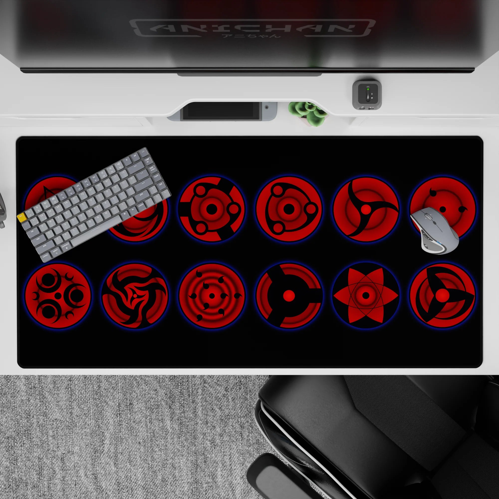 40x20 inches desk pad in deep crimson and black with glowing blue rims, sleek menacing Sharingan vibe.
