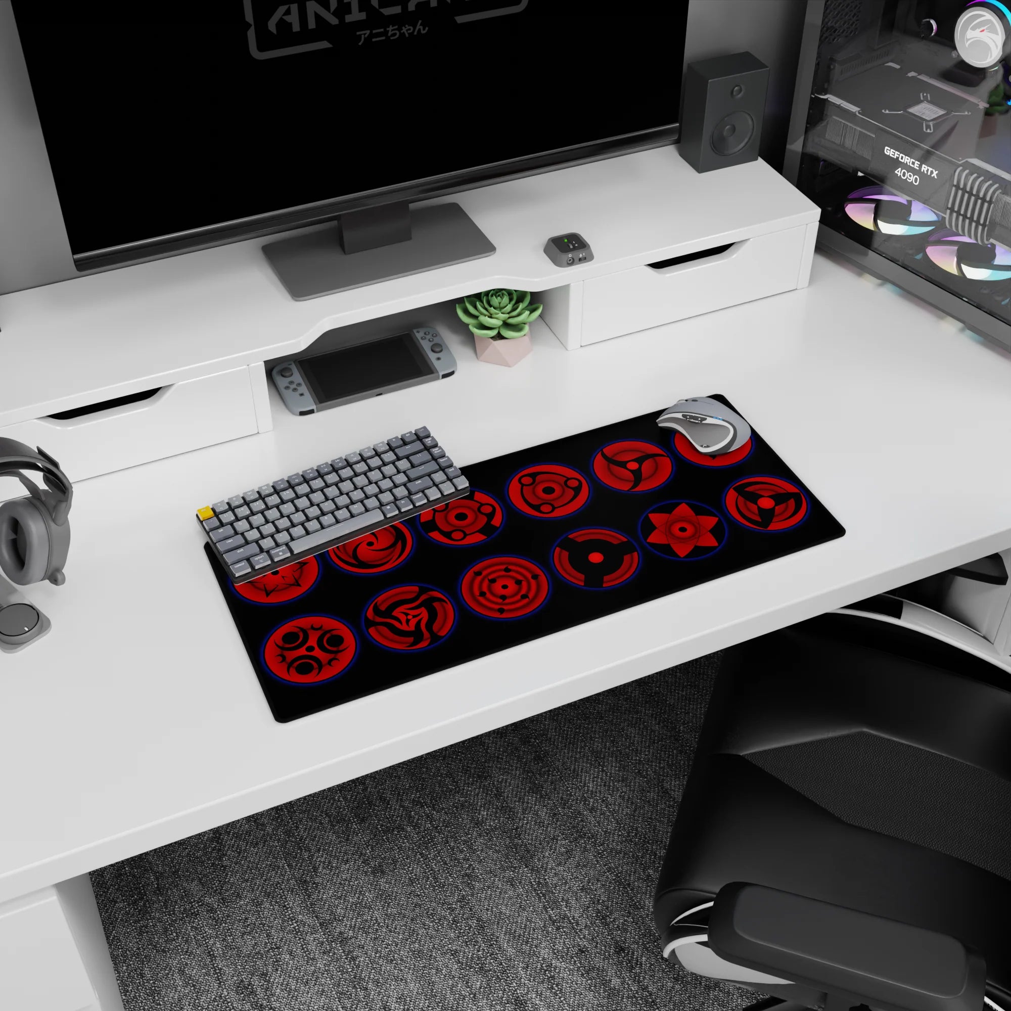 28x12 inches Naruto mouse pad with Sasuke Uchiha Sharingan eyes staring forward, hypnotic clan collection.
