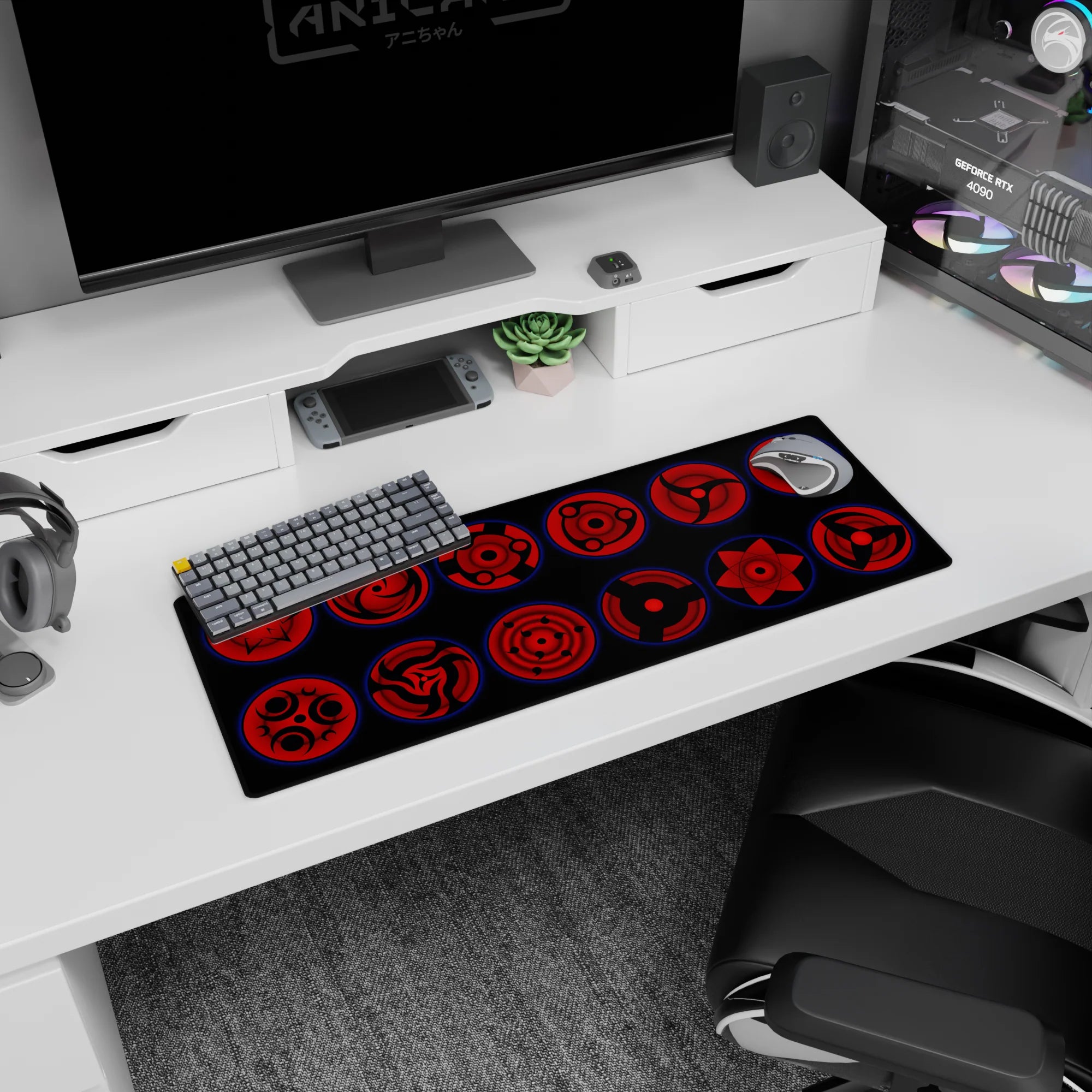 32x12 inches Naruto mouse pad featuring Sasuke Uchiha Sharingan eyes staring from a dark background.