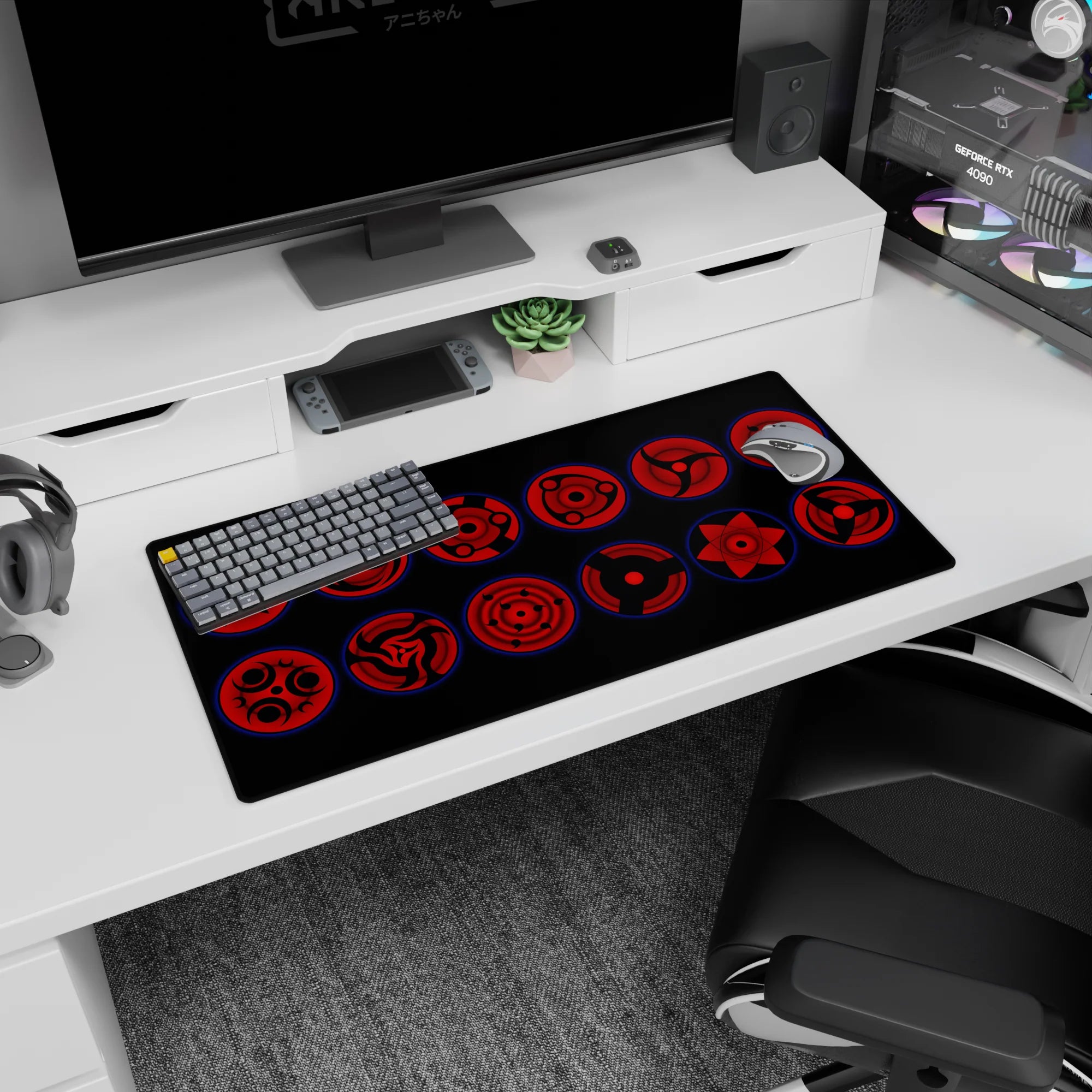 32x16 inches Naruto Sasuke Uchiha Sharingan mouse pad, eyes staring at your cursor on a dark backdrop.