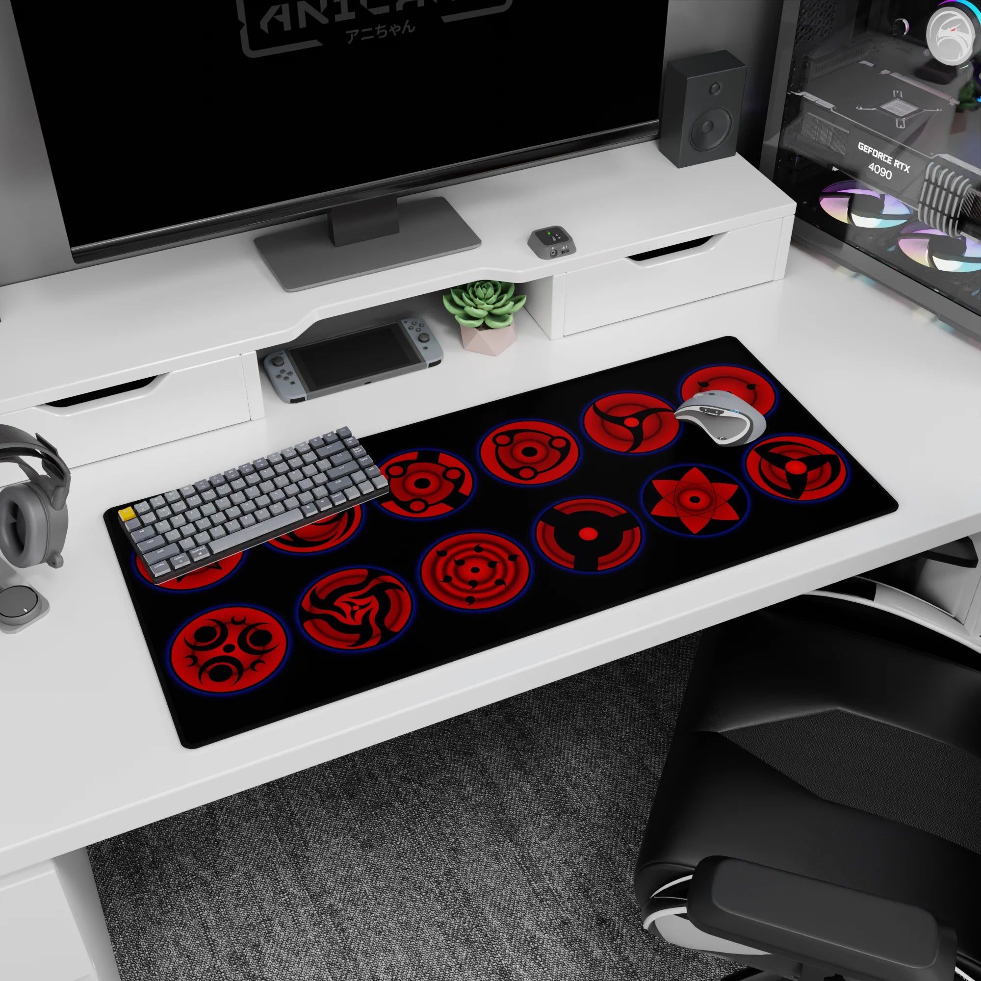 Sasuke Uchiha Sharingan eyes staring at your cursor on a 36x16 inches anime desk pad.