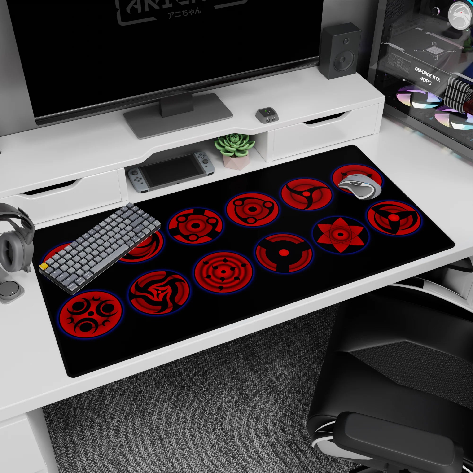 40x20 inches Naruto desk pad showing Sasuke Uchiha Sharingan eyes staring from a dark, hypnotic design.