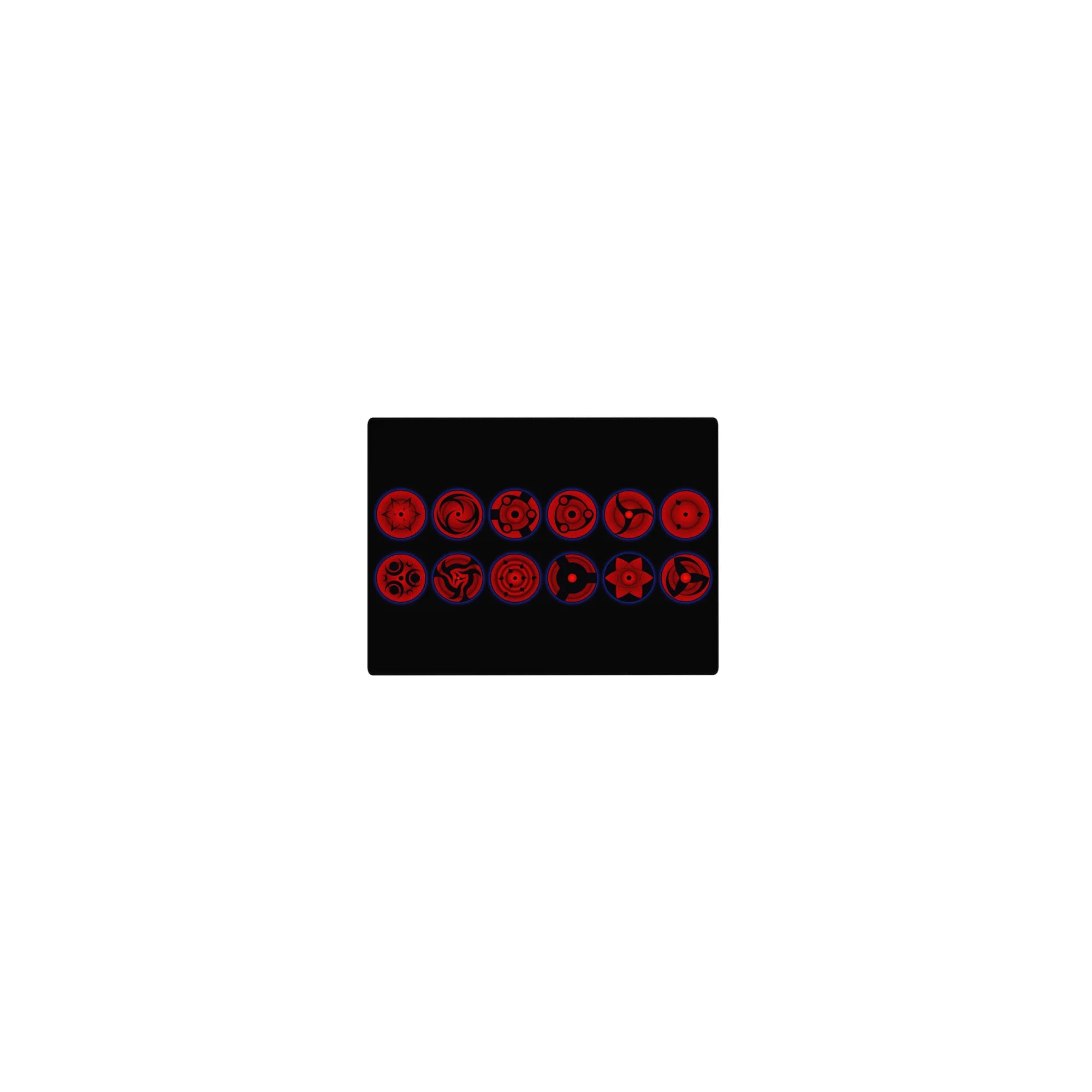 Classic anime mouse pad 14x10 inches with Sharingan eye lineup, Mangekyo swirls and tomoe symbols.
