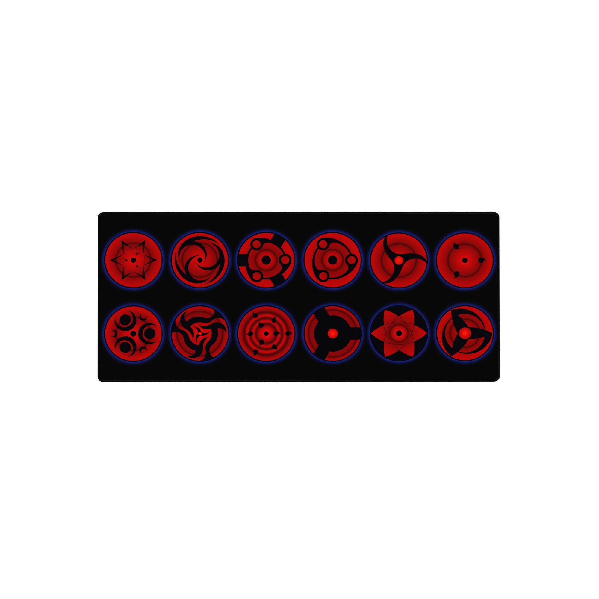 28x12 inches anime mouse pad with Sharingan eye lineup, Mangekyo patterns, and tomoe on dark background.