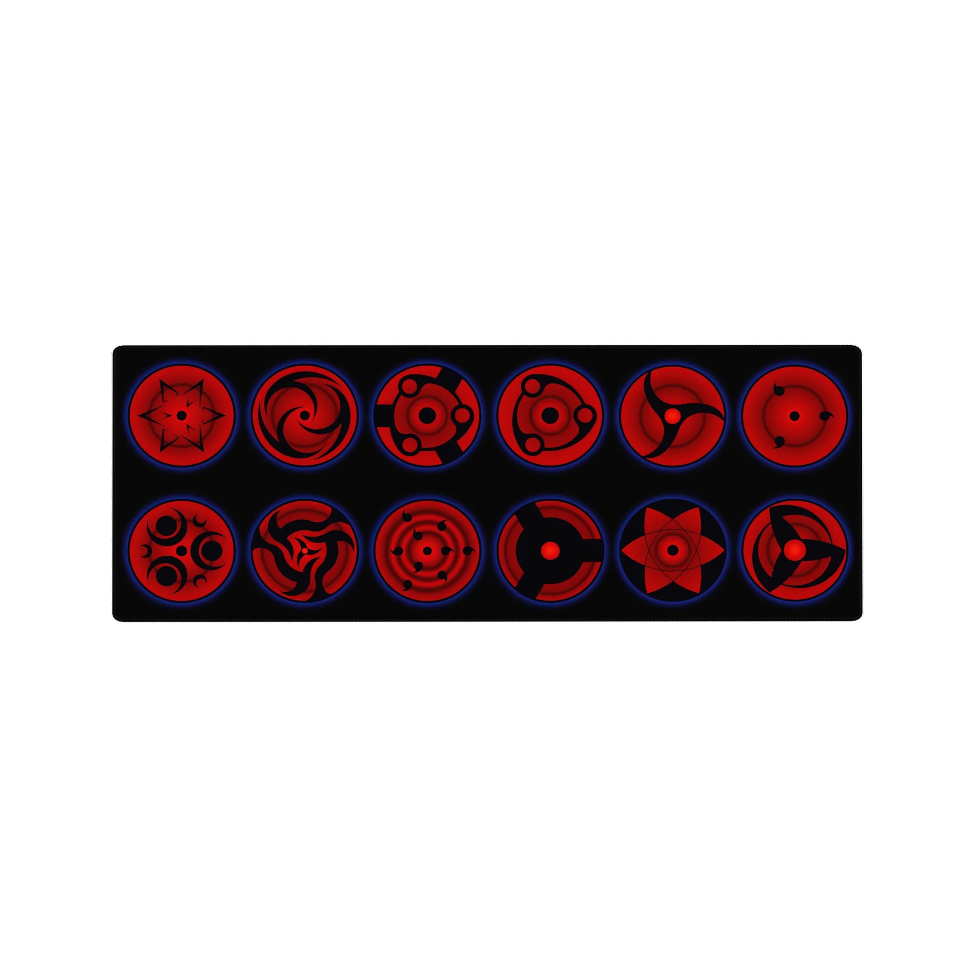 32x12 inches anime mouse pad with a lineup of Sharingan eyes, Mangekyo swirls, tomoe, and rings.