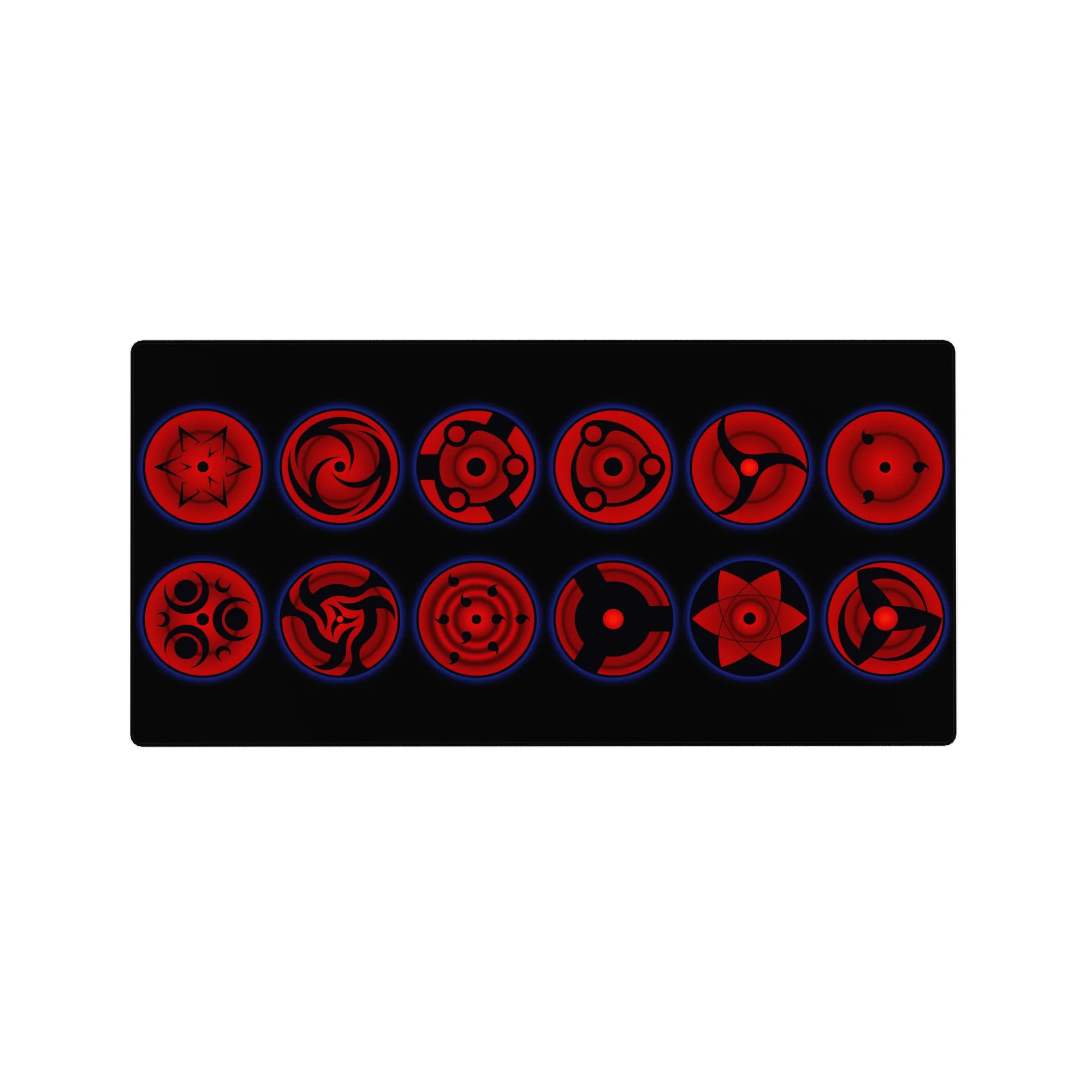32x16 inches anime mouse pad with a lineup of Sharingan eyes, Mangekyo swirls, and sharp tomoe icons.