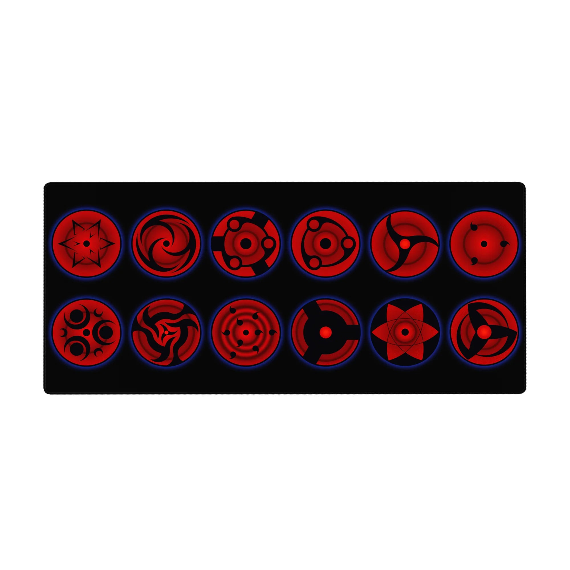 Naruto Sharingan lineup anime desk pad, Mangekyo eyes collection design, 36x16 inches.