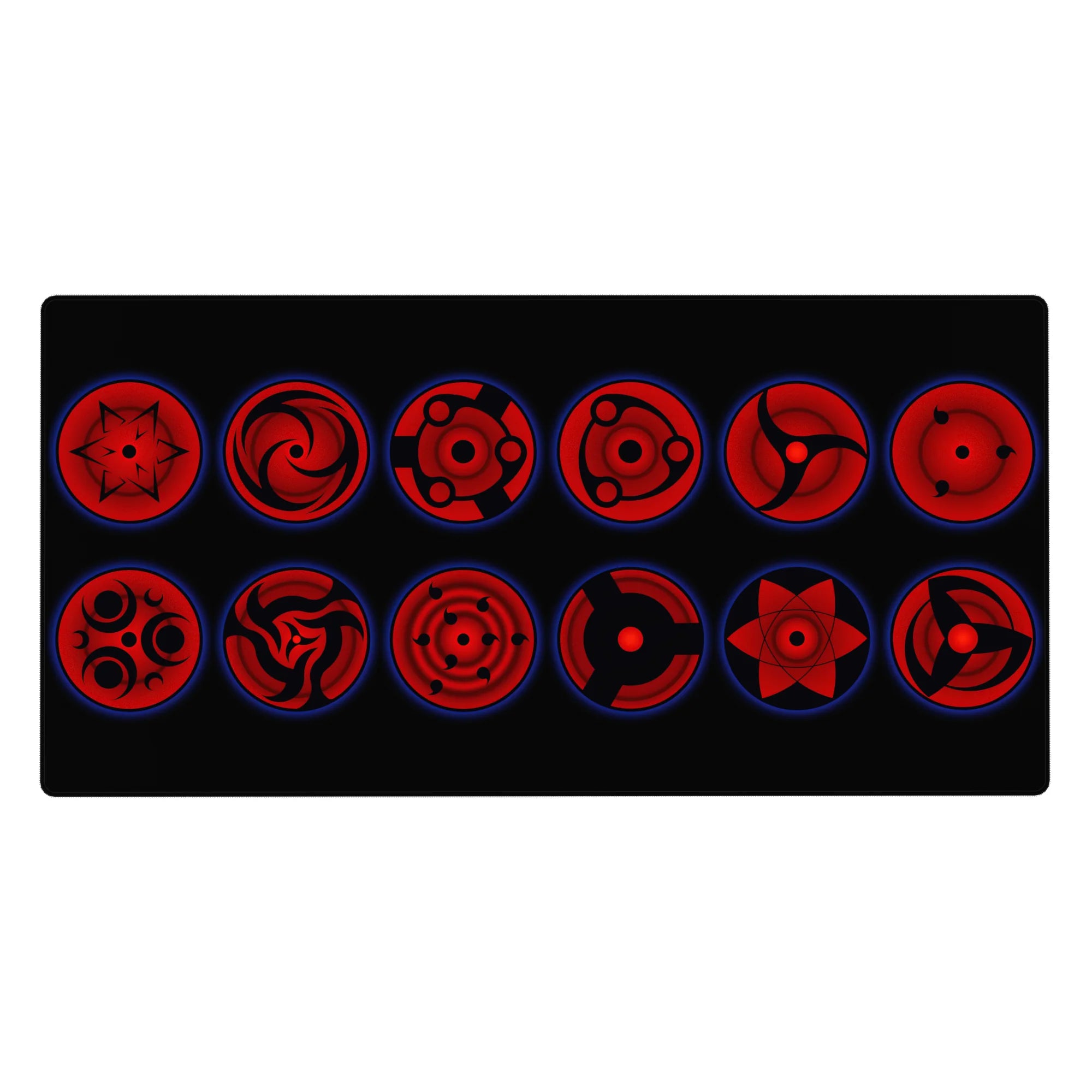 40x20 inches anime desk pad with Sharingan eye lineup, Mangekyo swirls, tomoe rings, dark background.