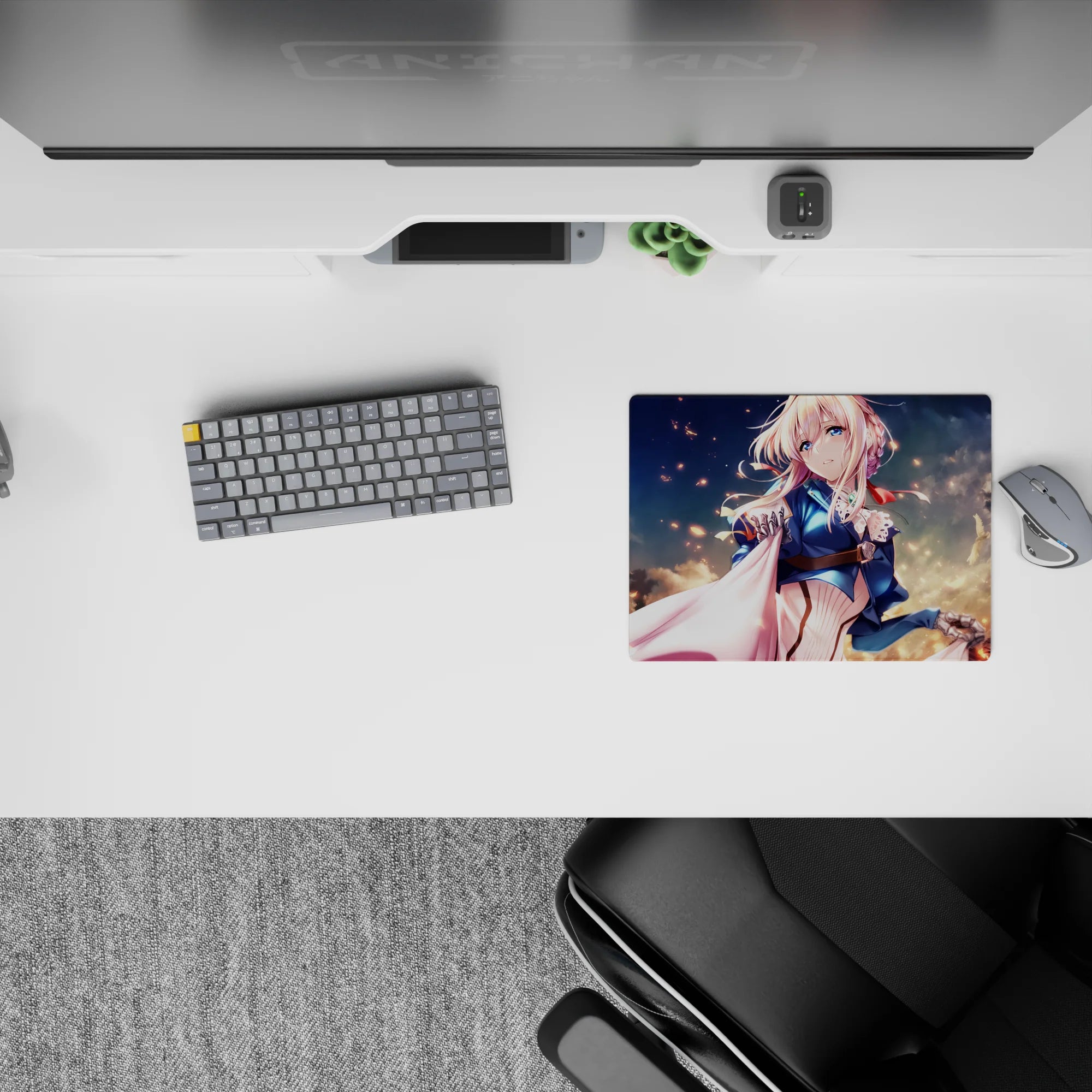 Anime girl mouse pad 14x10 inches in creamy blues with rose-gold embers and calm, soothing cloud vibes.