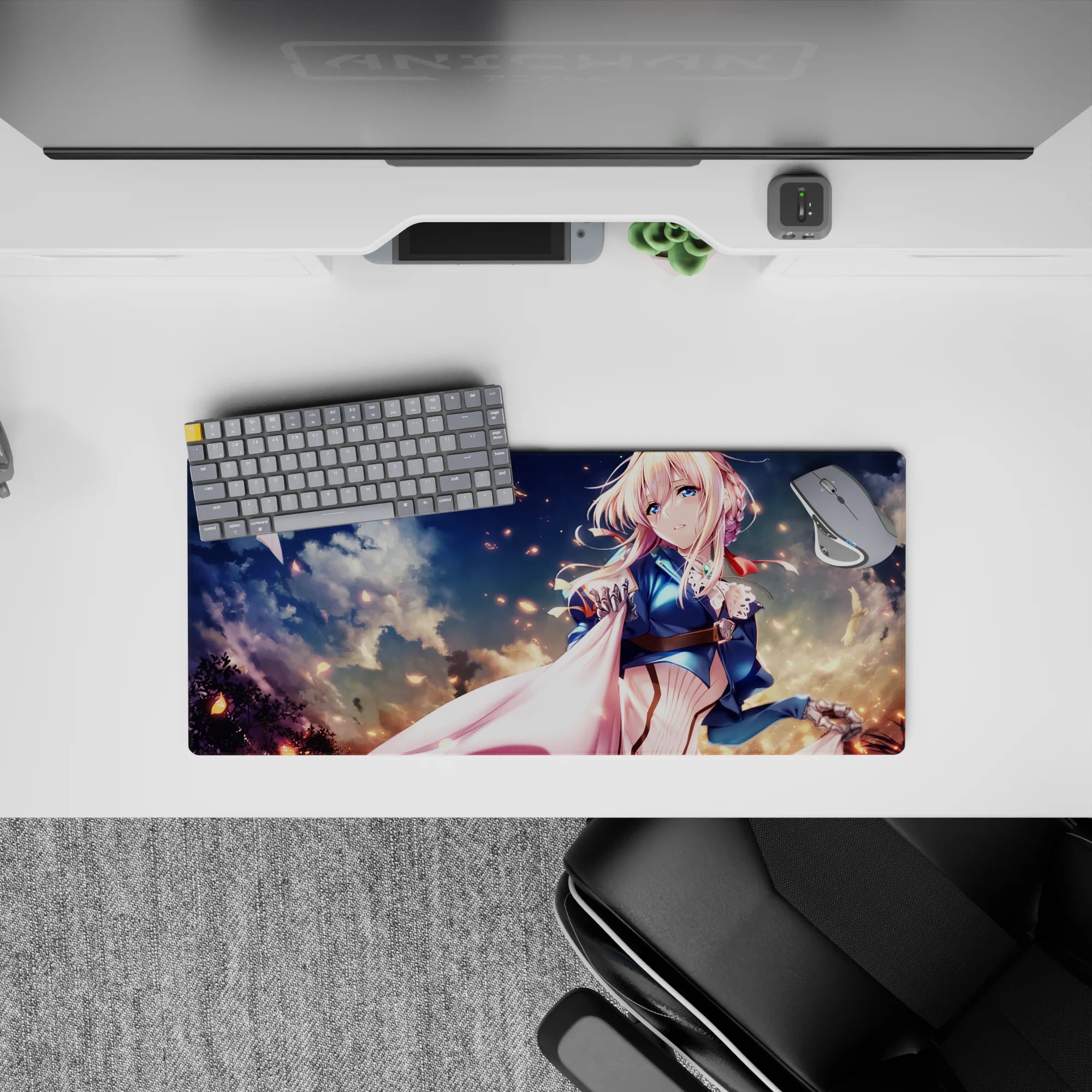 28x12 inches desk mat mouse pad in creamy blues with rose-gold sparks, calm sky vibe, anime girl art.