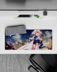 28x12 inches desk mat mouse pad in creamy blues with rose-gold sparks, calm sky vibe, anime girl art.
