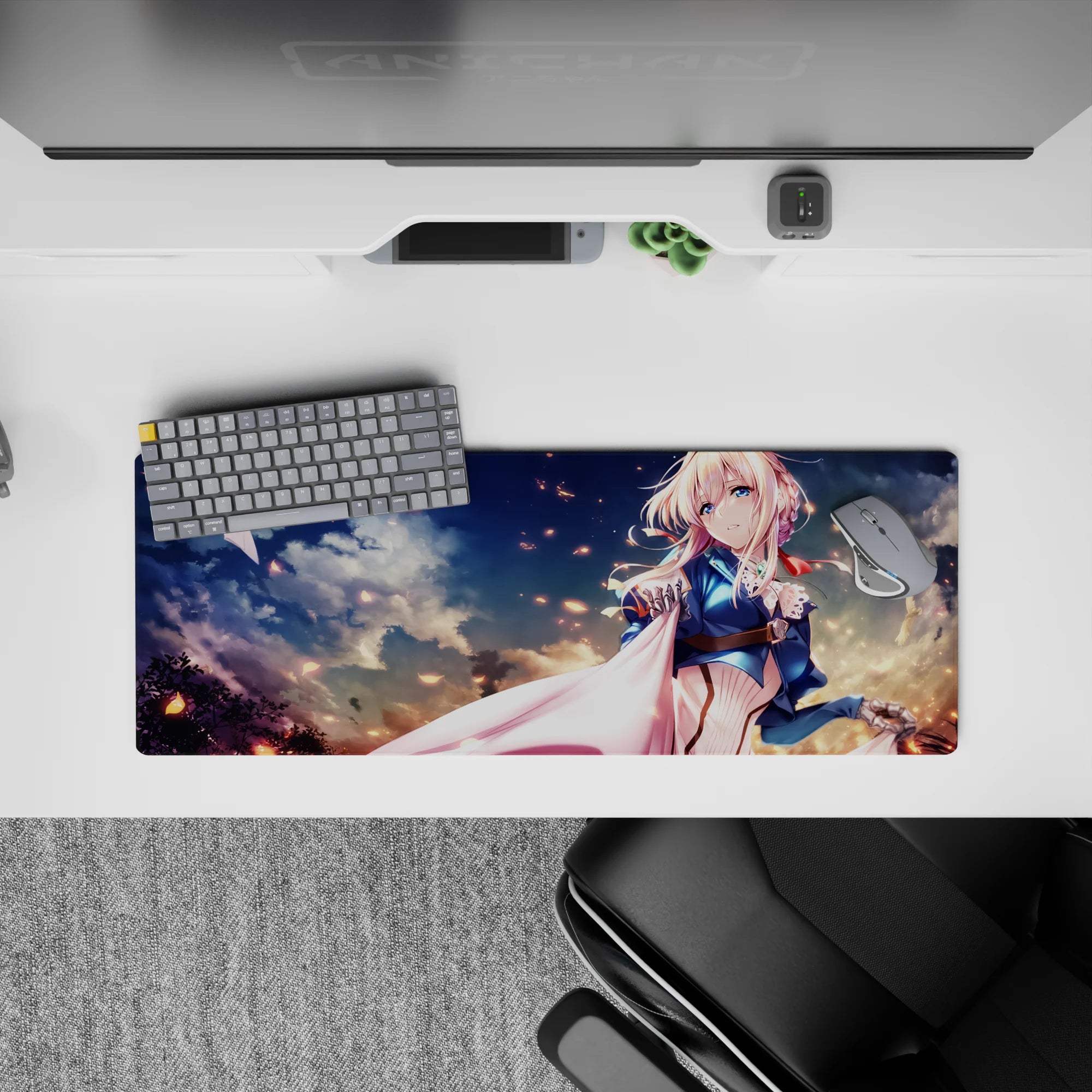 32x12 inches desk mouse pad in creamy blues with rose-gold sparks, soft sky vibe, calm anime aesthetic.