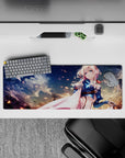 32x12 inches desk mouse pad in creamy blues with rose-gold sparks, soft sky vibe, calm anime aesthetic.