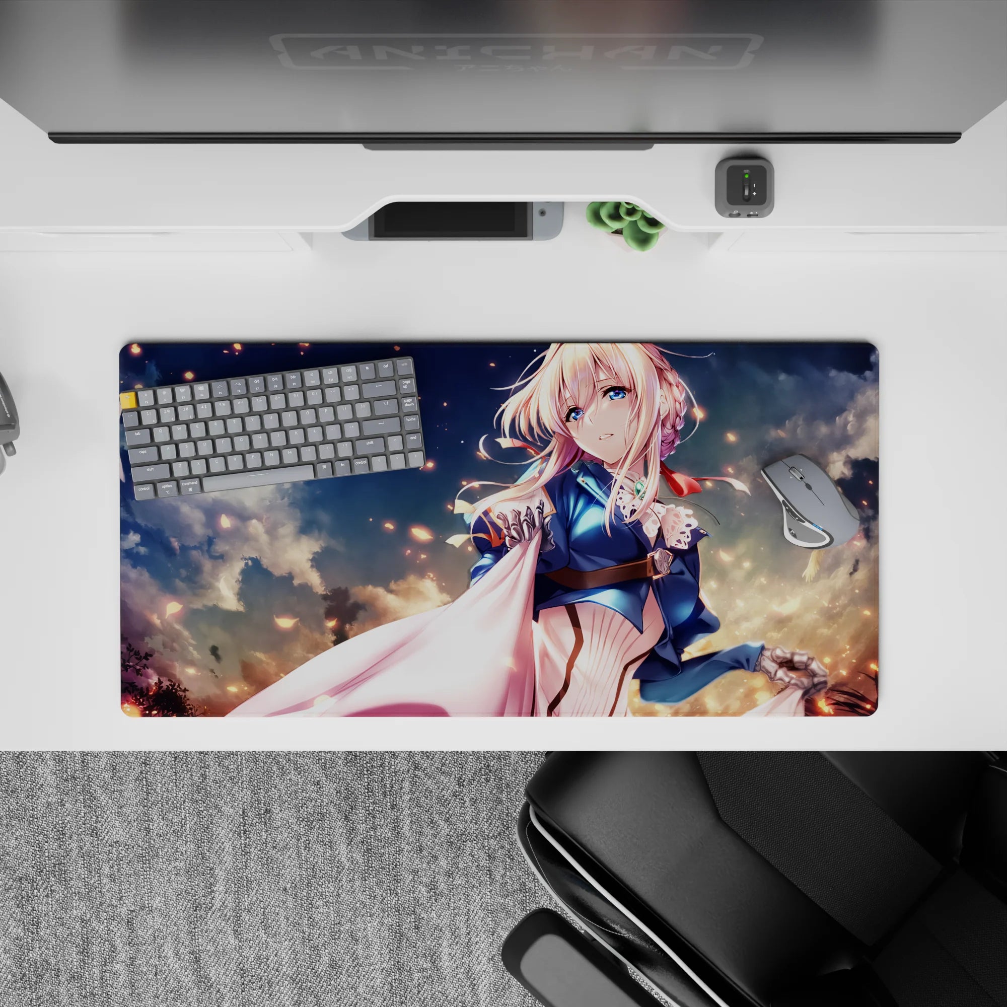 Anime girl mouse pad 32x16 inches in creamy blues with rose-gold sparks, calm dreamy Violet Evergarden vibe.