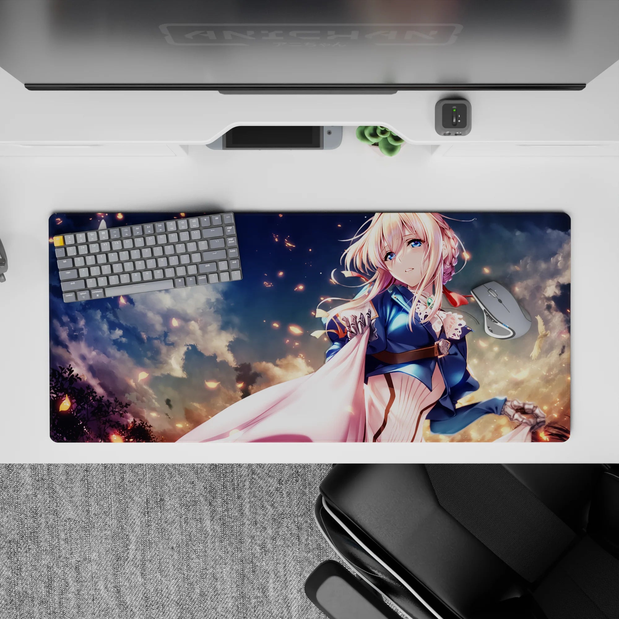 36x16 inches desk pad in creamy blues and rose gold sparks, calm anime mood for keyboard and mouse.