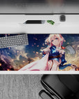 36x16 inches desk pad in creamy blues and rose gold sparks, calm anime mood for keyboard and mouse.