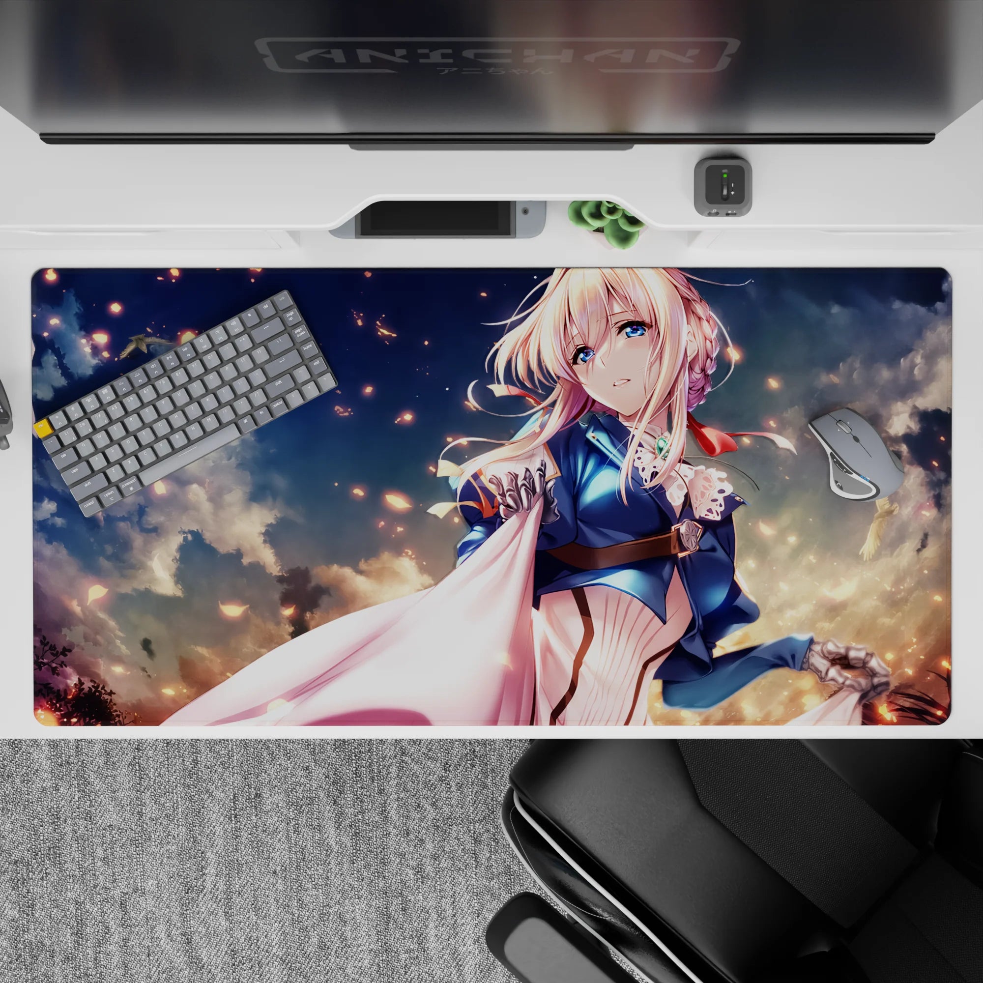 Calming anime desk pad 40x20 inches in creamy blues with rose-gold sparks and dreamy sky mood.