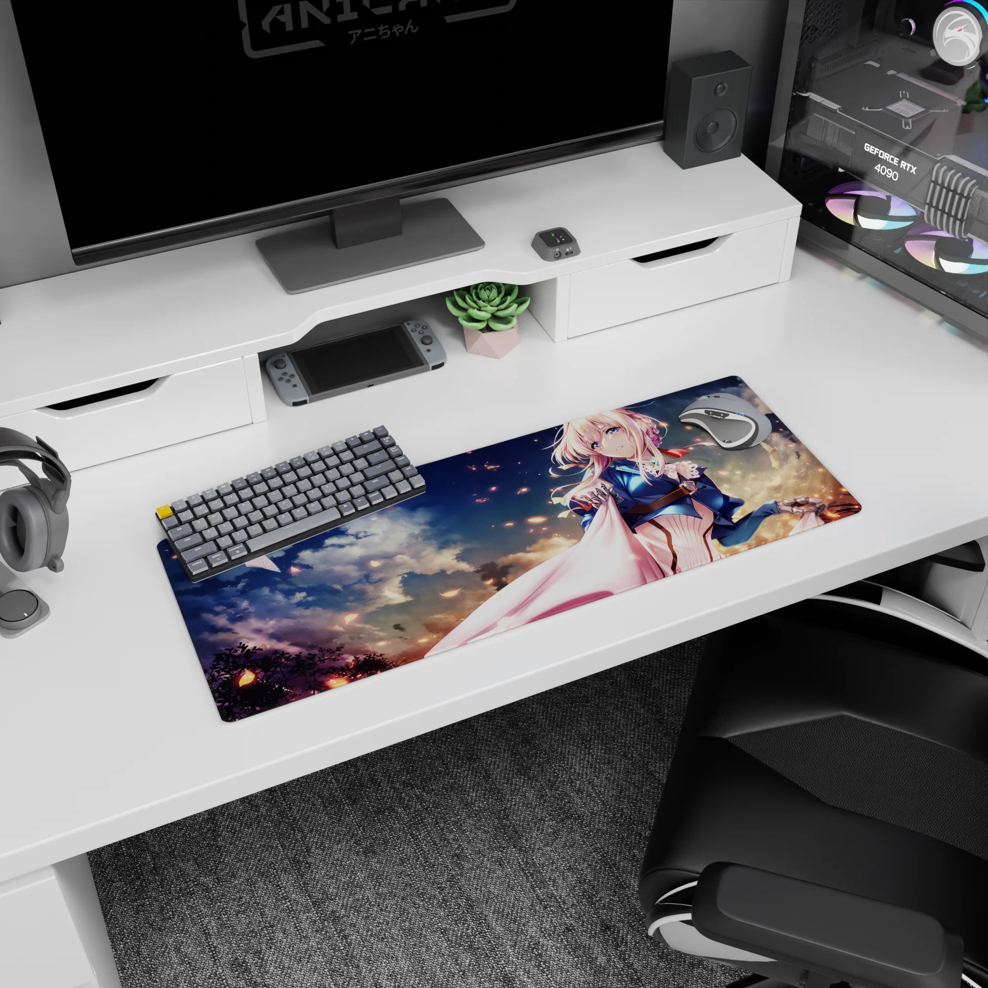 32x12 inches Violet Evergarden mouse pad, Violet looking forward amid swirling clouds and glowing embers.