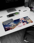 32x12 inches Violet Evergarden mouse pad, Violet looking forward amid swirling clouds and glowing embers.