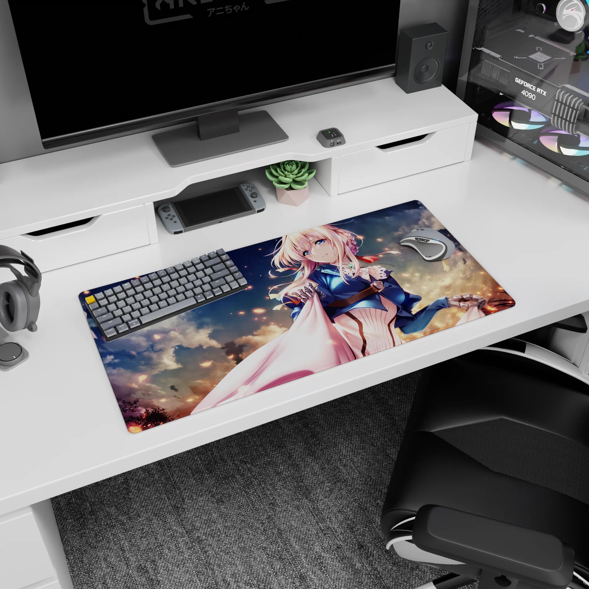 Violet Evergarden anime girl mouse pad 32x16 inches, Violet gazing forward amid swirling clouds and embers.