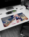 Violet Evergarden anime girl mouse pad 32x16 inches, Violet gazing forward amid swirling clouds and embers.