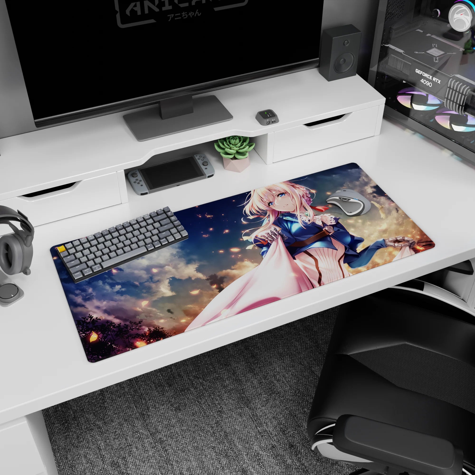 36x16 inches Violet Evergarden desk pad, Violet gazing forward beneath soft skies with floating embers.