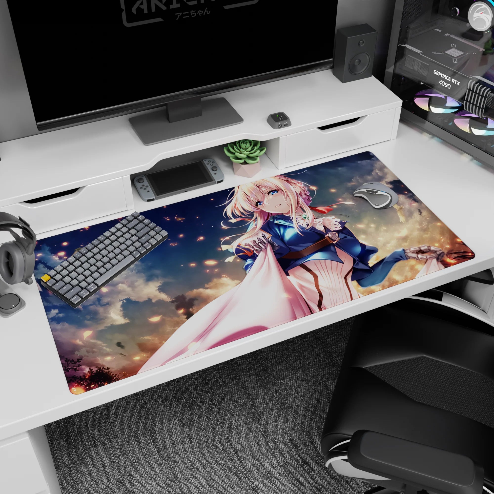 Violet Evergarden anime girl desk pad 40x20 inches, Violet gazing forward amid swirling clouds and embers.
