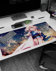 Violet Evergarden anime girl desk pad 40x20 inches, Violet gazing forward amid swirling clouds and embers.