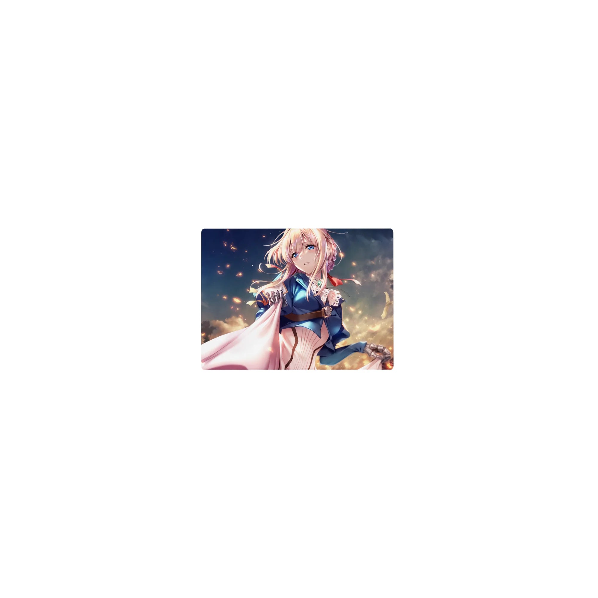 Classic anime girl mouse pad 14x10 inches with Violet Evergarden in a dreamy sky and flowing white cape.