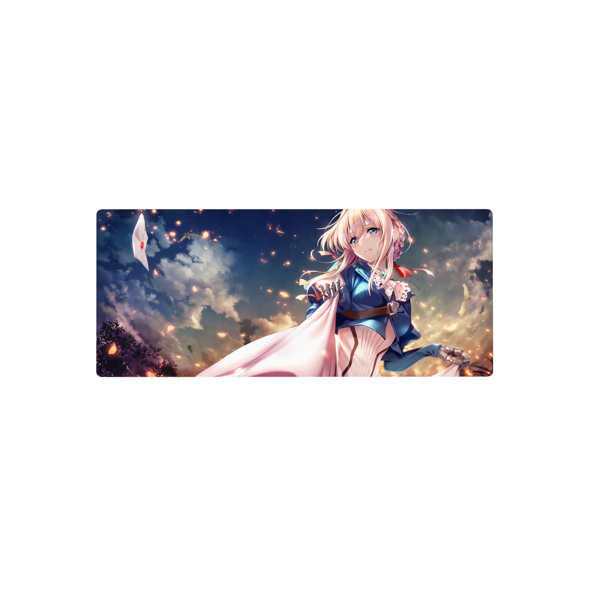 28x12 inches anime girl mouse pad with Violet Evergarden in soft clouds, flowing white cape, drifting embers.