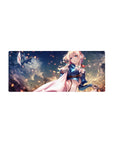 28x12 inches anime girl mouse pad with Violet Evergarden in soft clouds, flowing white cape, drifting embers.