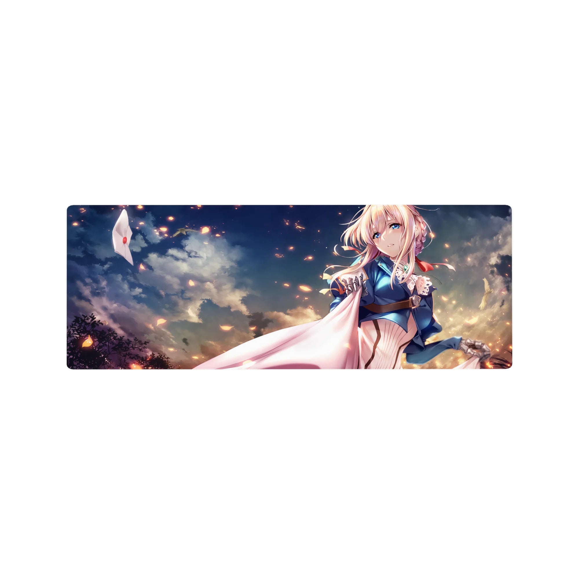 32x12 inches anime girl mouse pad with dreamy clouds, drifting embers, and flowing white cape artwork.