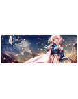 32x12 inches anime girl mouse pad with dreamy clouds, drifting embers, and flowing white cape artwork.