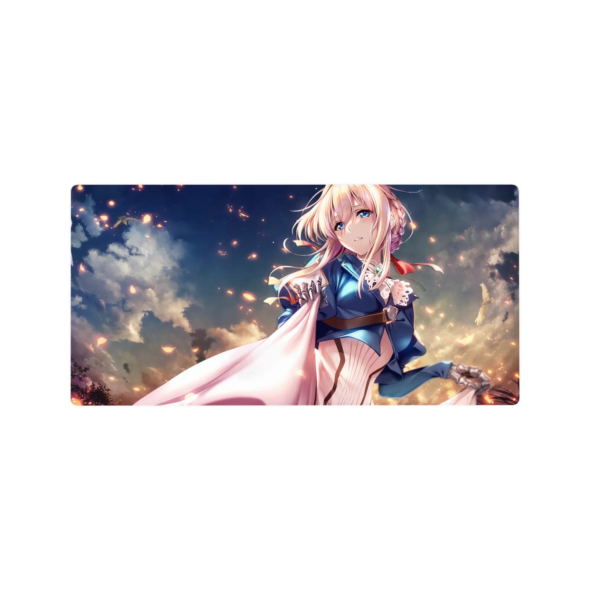 Anime girl mouse pad 32x16 inches with soft sky clouds, drifting embers, and flowing white cape artwork.