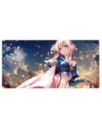 Anime girl mouse pad 32x16 inches with soft sky clouds, drifting embers, and flowing white cape artwork.