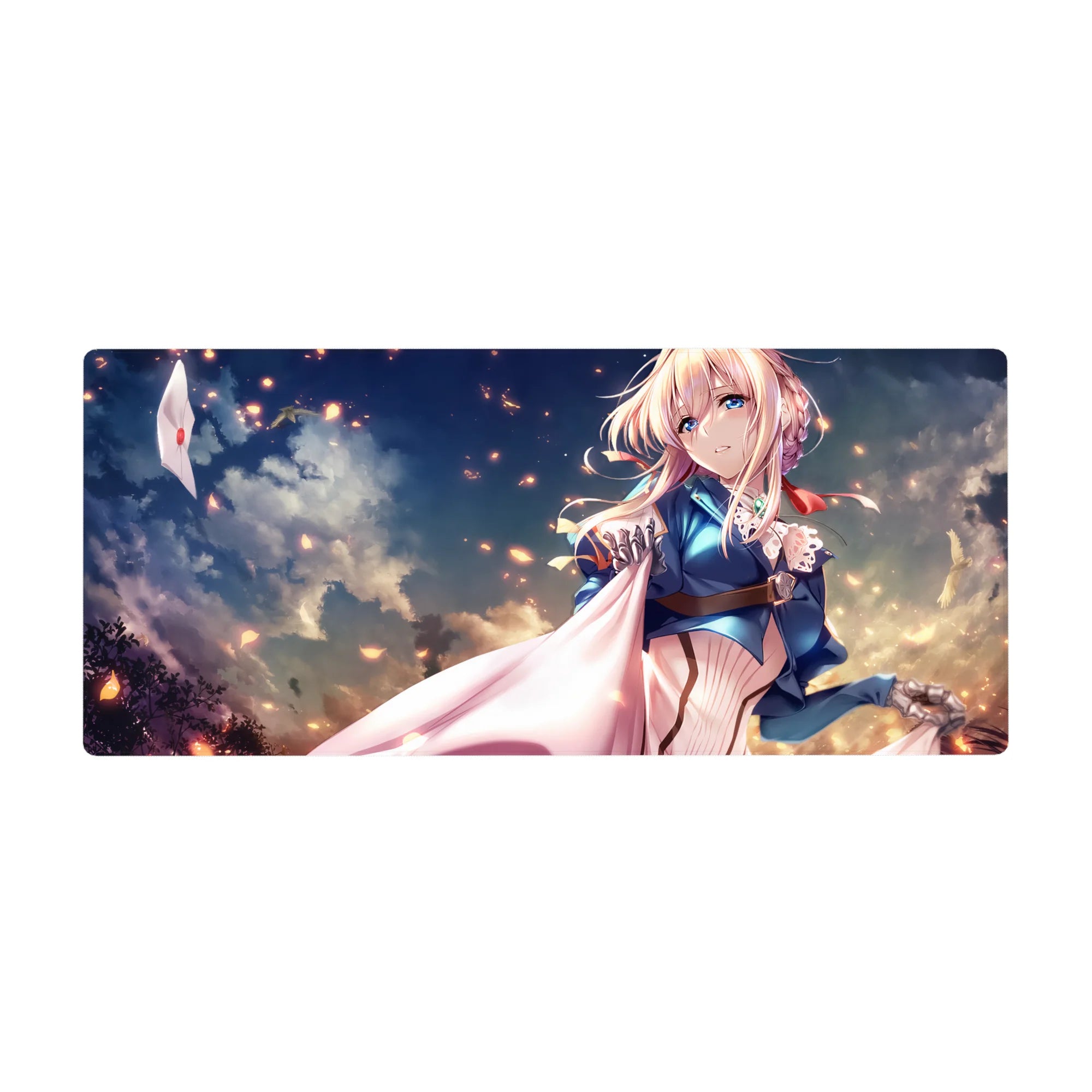 36x16 inches anime girl desk pad with sky clouds, drifting embers, and flowing white cape artwork.