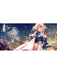 36x16 inches anime girl desk pad with sky clouds, drifting embers, and flowing white cape artwork.