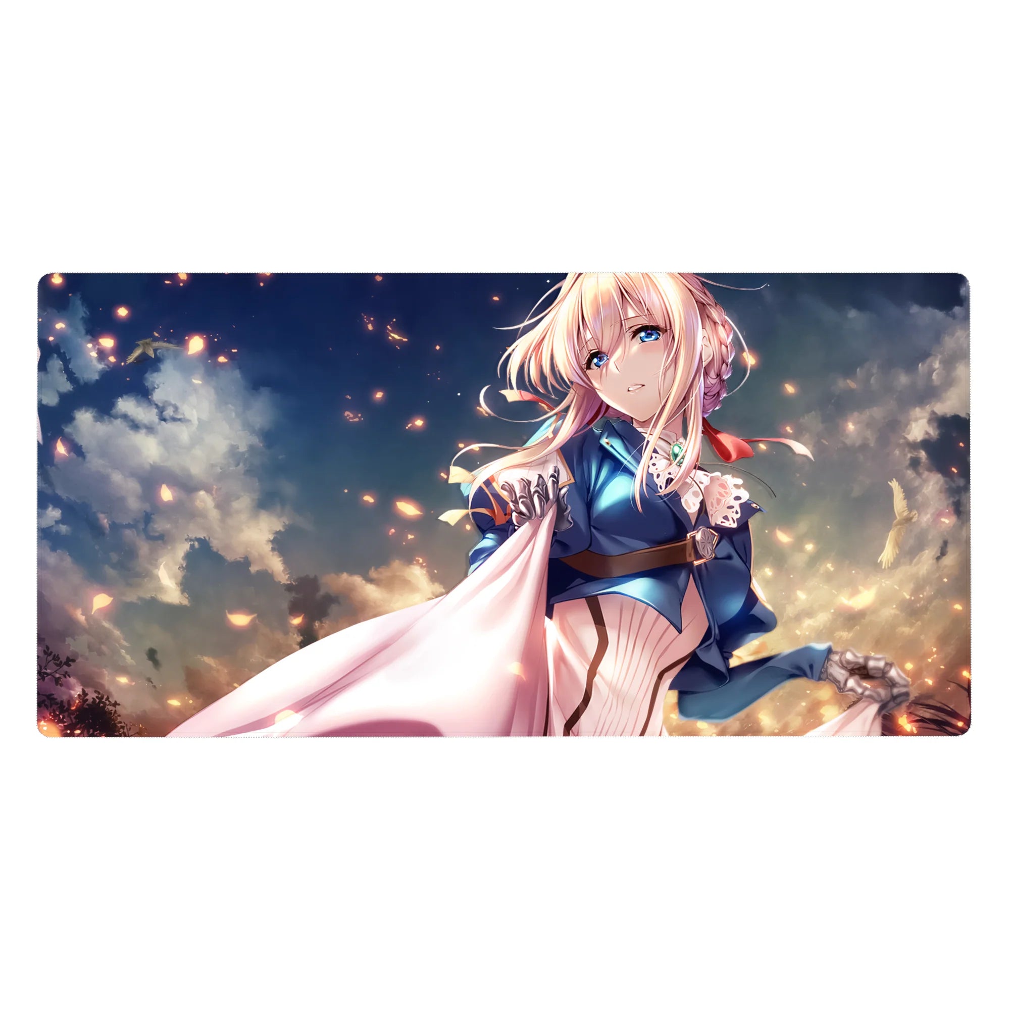 Anime girl desk pad 40x20 inches with soft clouds, drifting embers, and flowing white cape artwork.