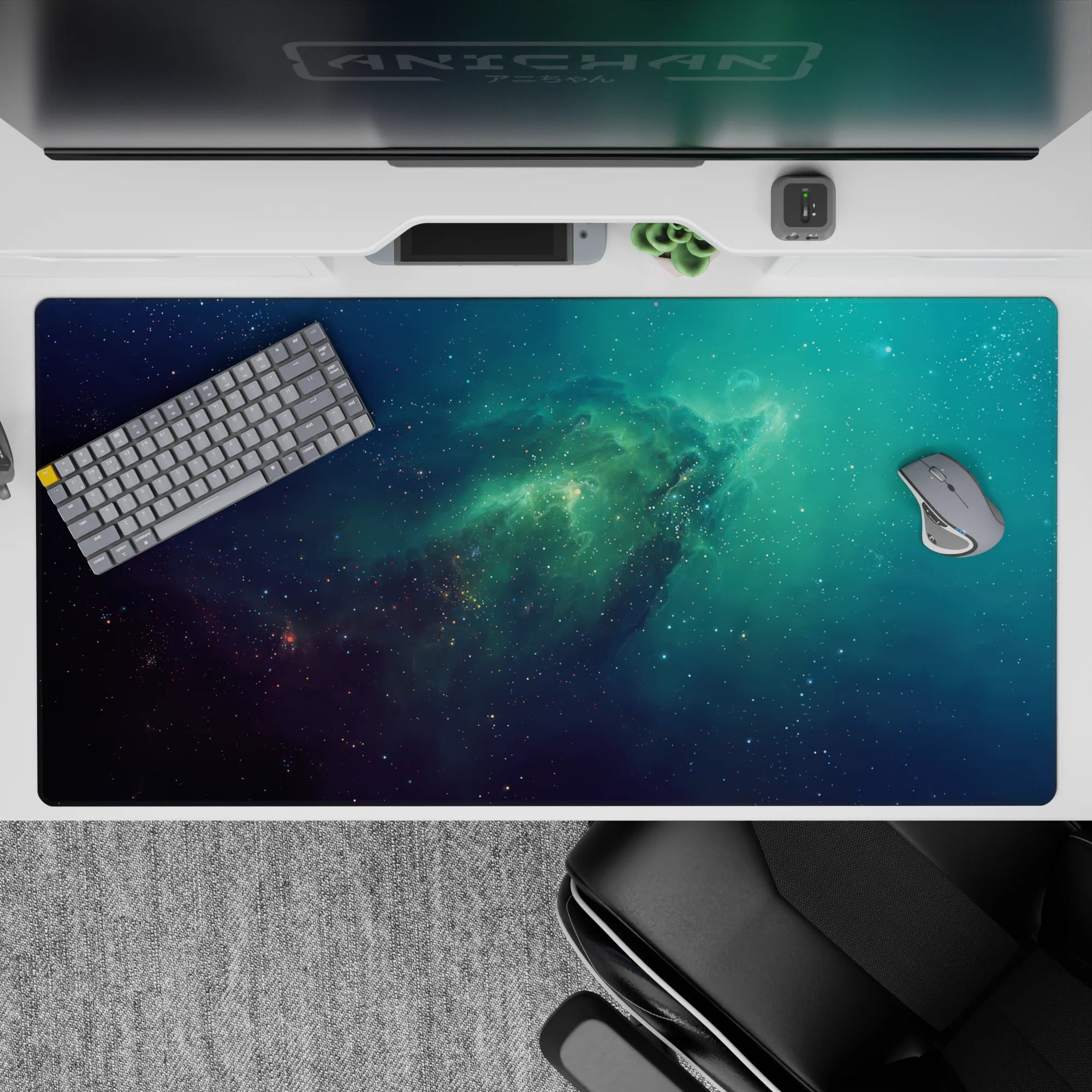 Teal mist and deep navy desk pad 40x20 inches with calming star-sprinkle gradient vibe.