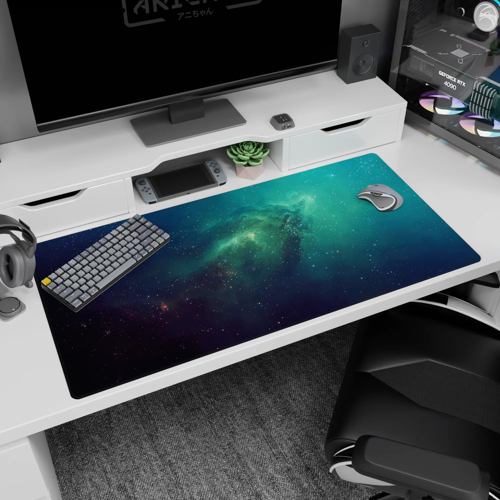 Starry nebula scene desk pad 40x20 inches, tiny stars over swirling cosmic clouds.