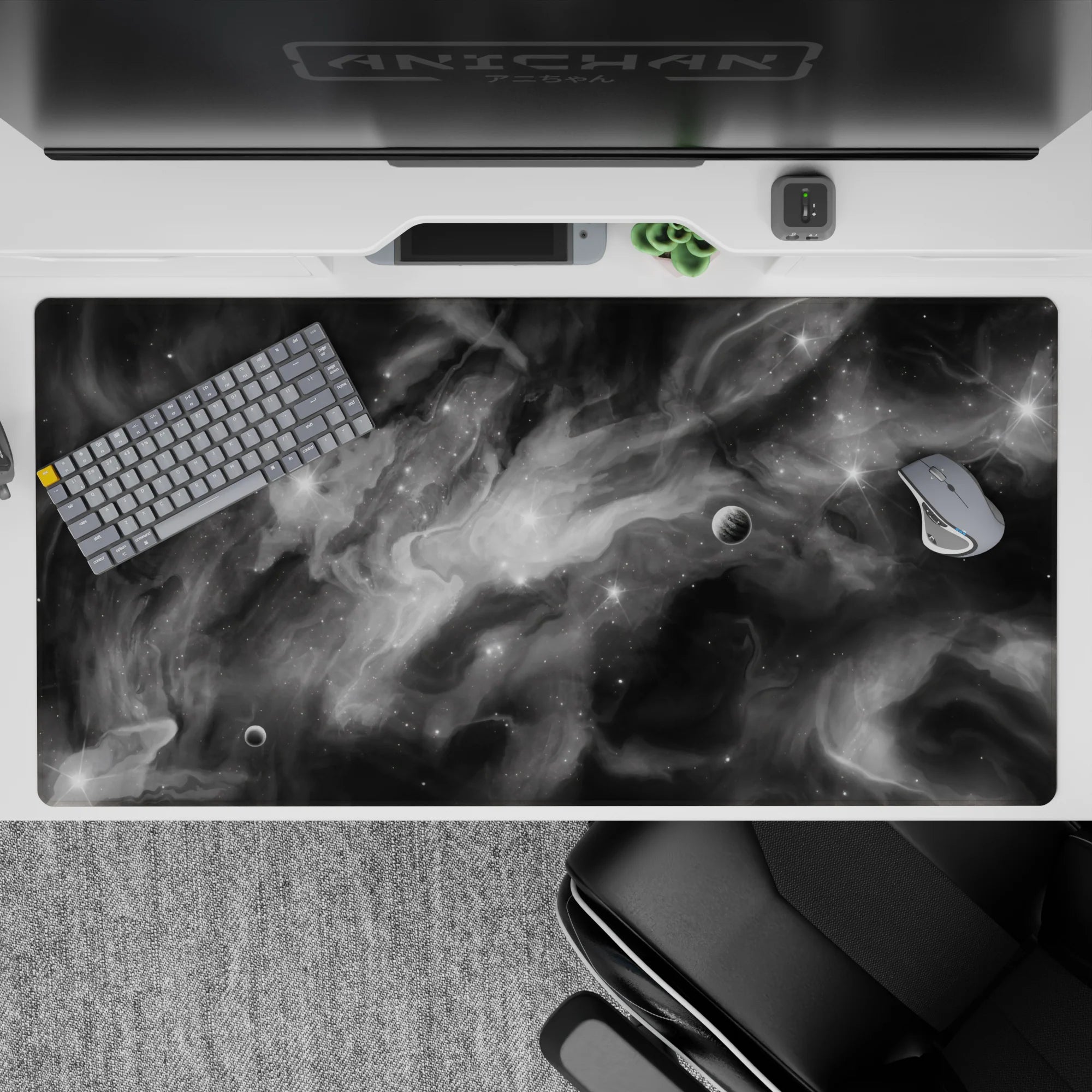 Moody charcoal and misty white desk pad with calm dramatic space vibe, 40x20 inches.