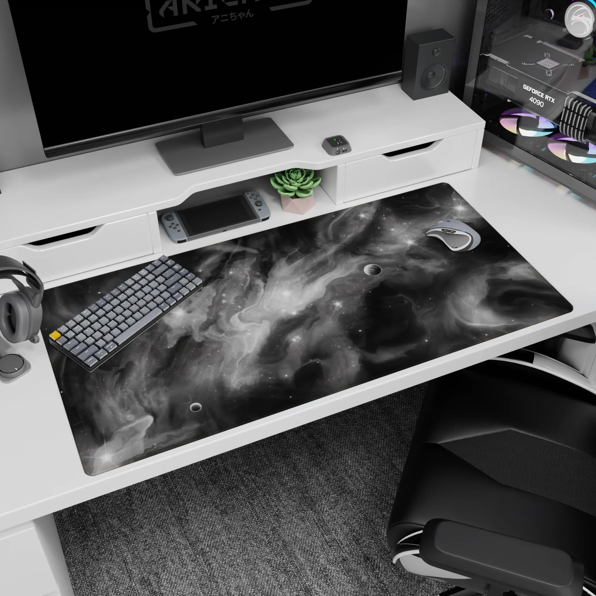 Space cloud scene desk pad with ink-like swirls and small hidden planets, 40x20 inches.
