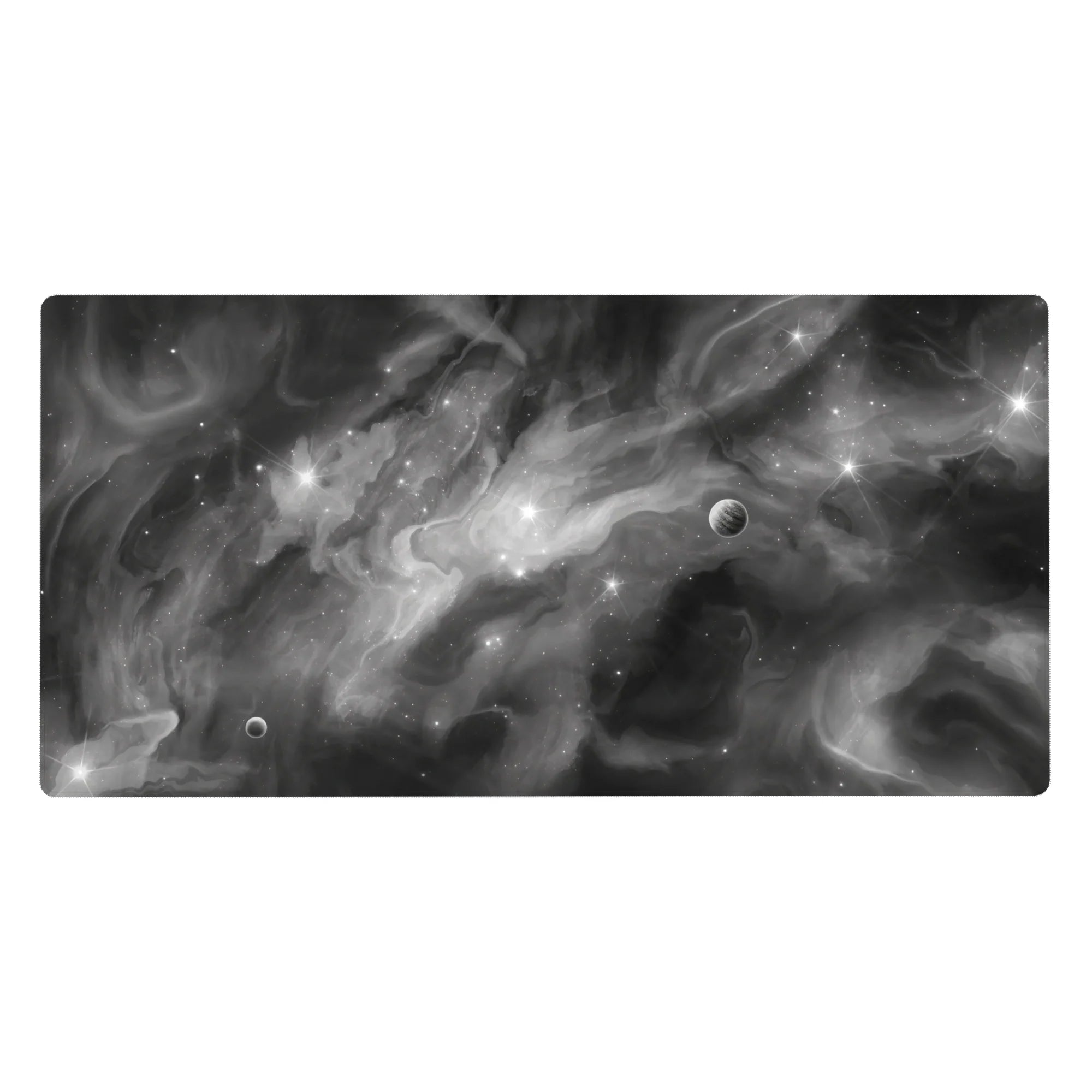 Smoky galaxy desk pad with swirling gray clouds and tiny stars, 40x20 inches.