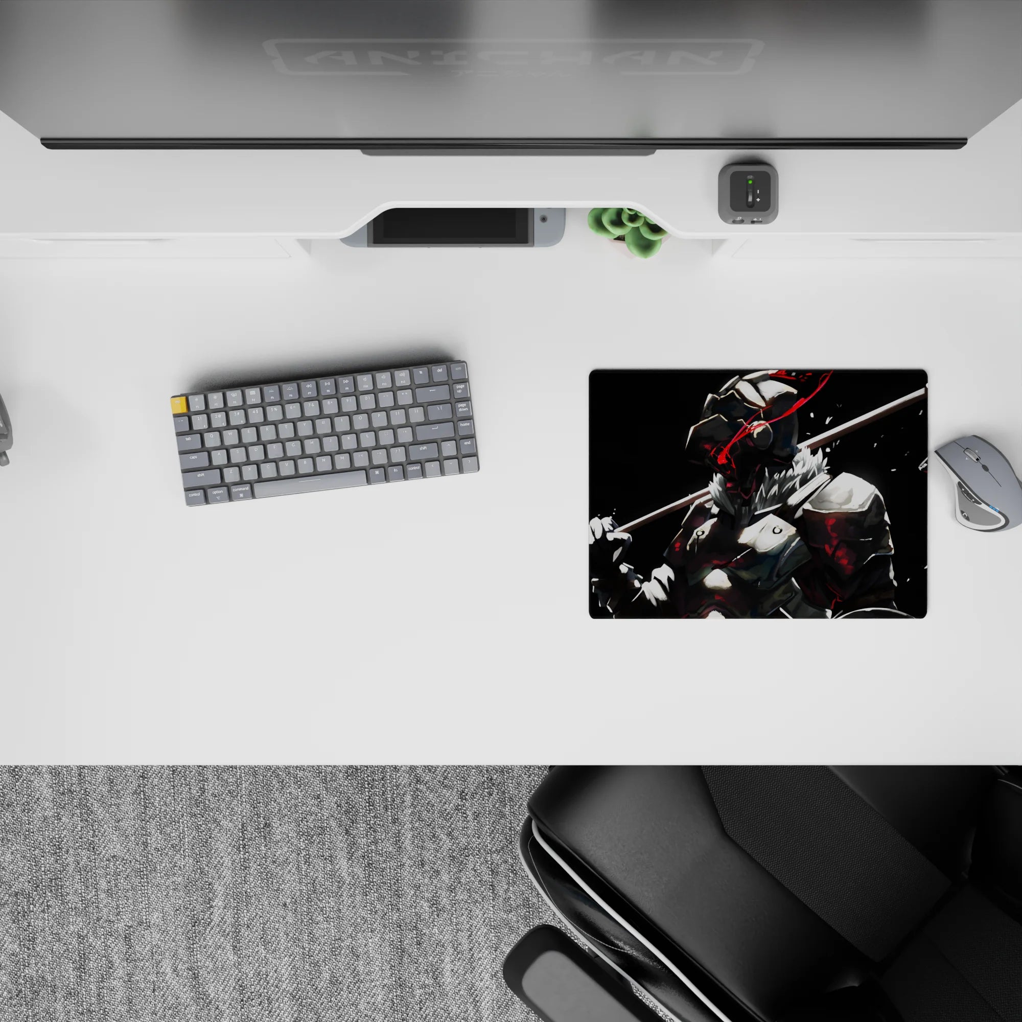Dark anime mouse pad 14x10 inches in black, bone-white steel, with sharp red streaks and brutal mood.