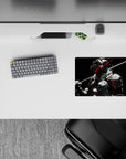 Dark anime mouse pad 14x10 inches in black, bone-white steel, with sharp red streaks and brutal mood.