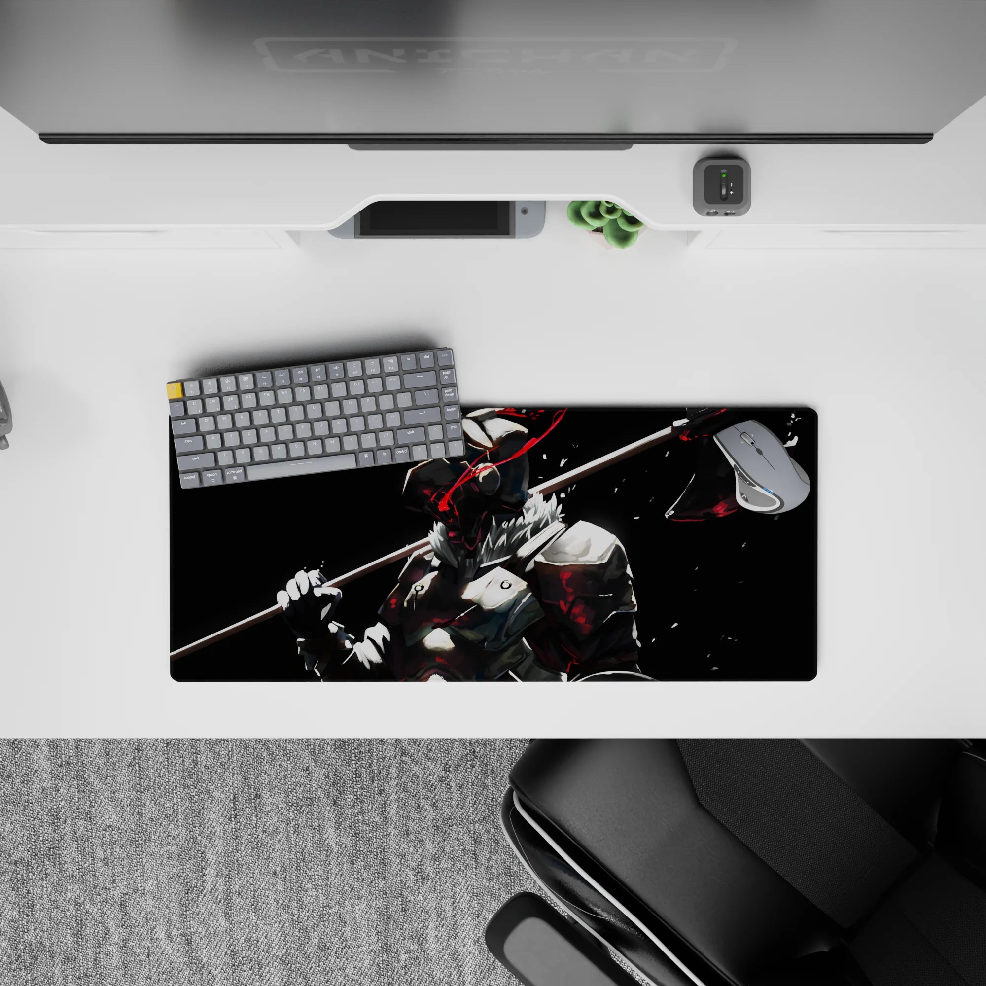28x12 inches anime mouse pad in black, bone-white, and steel tones with sharp red speed lines, dark battle vibe.