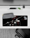 28x12 inches anime mouse pad in black, bone-white, and steel tones with sharp red speed lines, dark battle vibe.