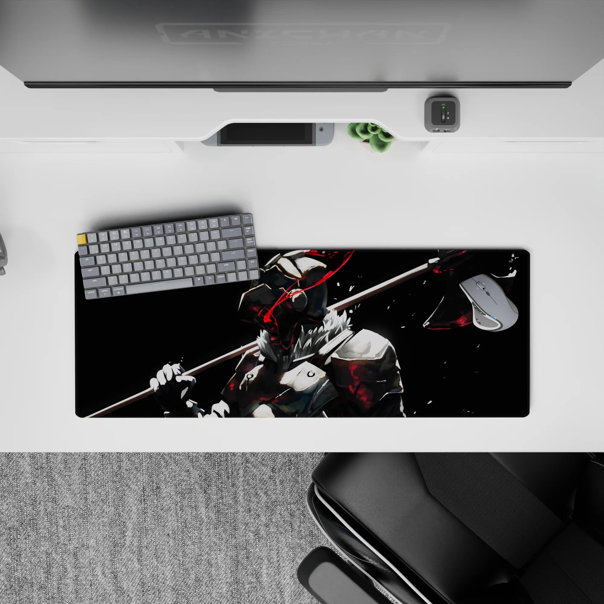 32x12 inches anime mouse pad in black, bone-white steel tones, with sharp red speed lines and dark mood.