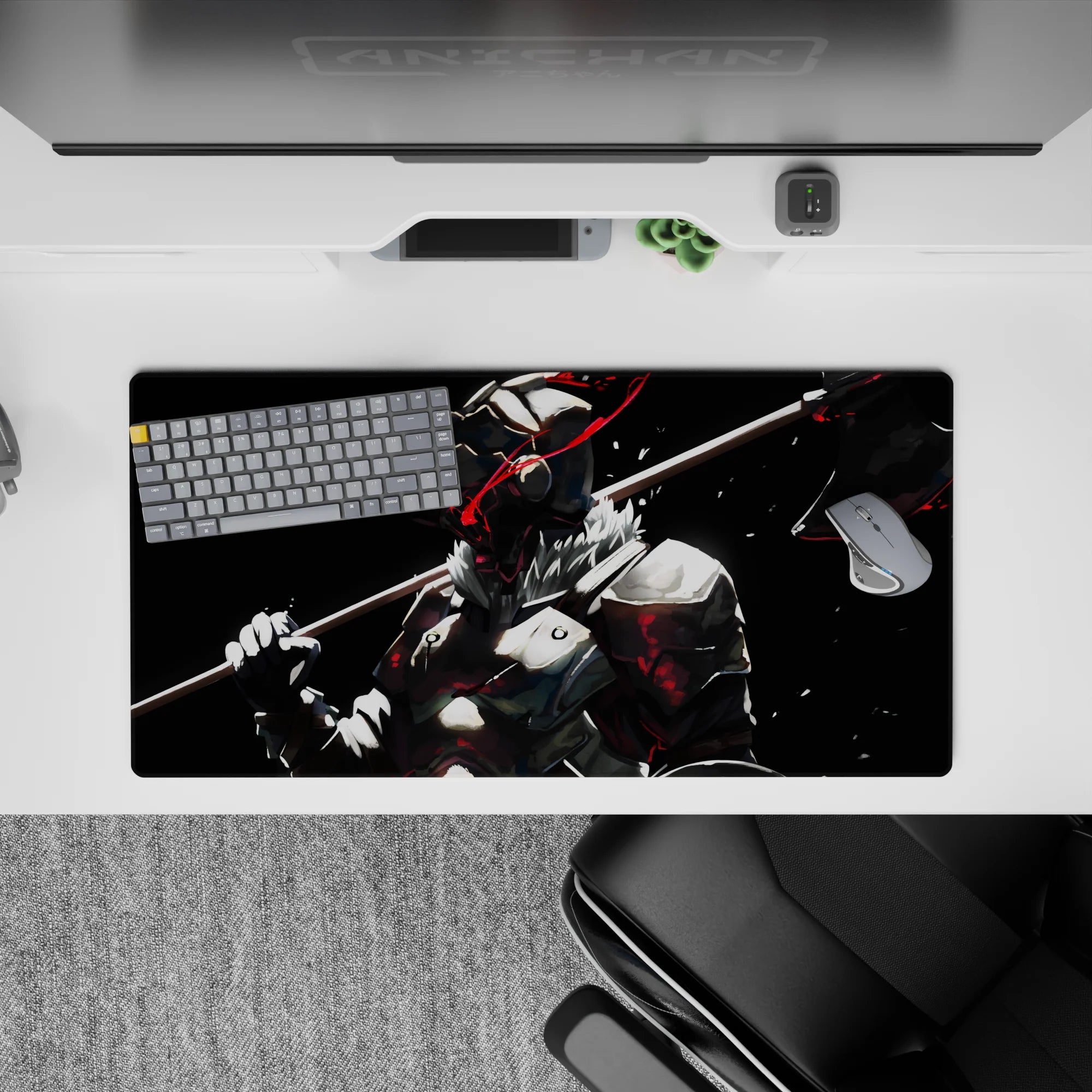 Dark anime mouse pad 32x16 inches in black, red streaks, bone-white armor, cold steel highlights.