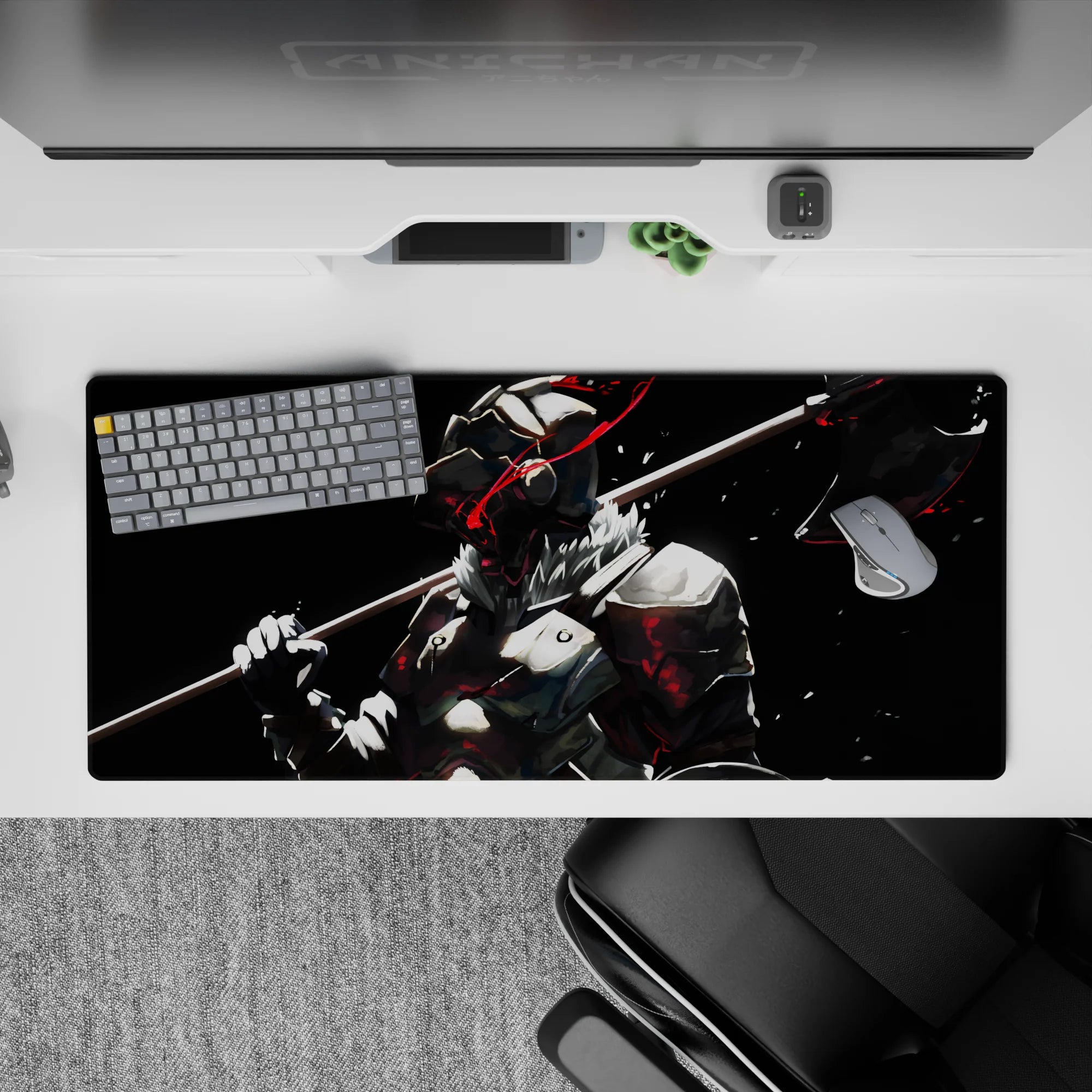 36x16 inches anime desk pad in dark cinematic tones, black backdrop with bone-white armor and red sparks.